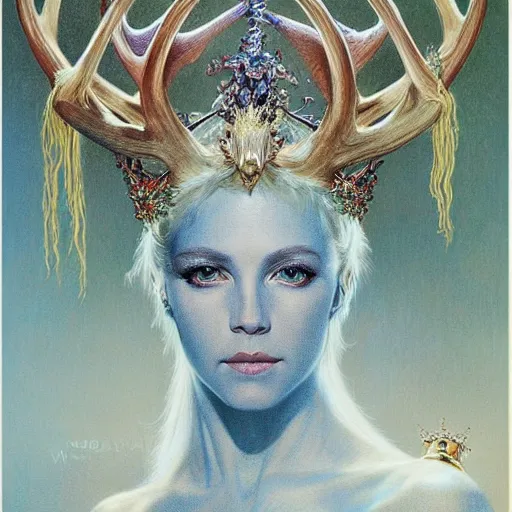 Image similar to a detailed portrait of a blonde haired blue eyed queen of glitter with an antler crown by wayne barlowe and mucha