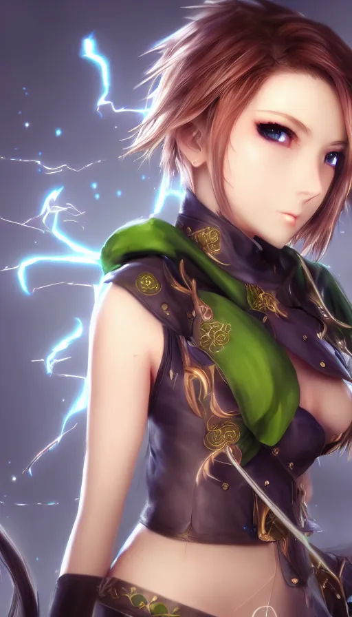 Prompt: render as a very beautiful 3d anime woman with short brown hair, heterochromia, blue eye and green eye, mage final fantasy oufit, heavy makeup, short smile, cinematic lightning, highly detailed, trending on Artstation, Unreal Engine 4k, cinematic wallpaper