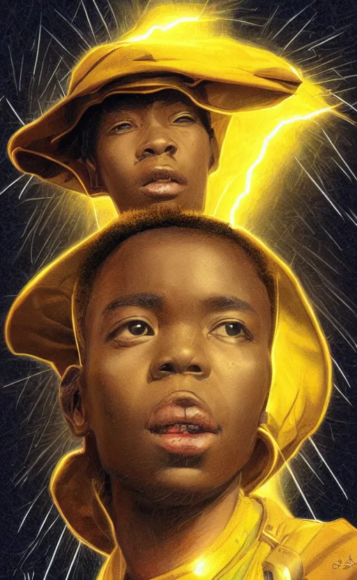 Image similar to upper half portrait of an african in yellow cape - inside the clouds - surrounded by bolts of lightning - rays of light emanating from clouds - in drew struzan movie poster style, art by drew struzan & hsiao - ron cheng, highly detailed, digital painting, ray tracing, illustration, smooth, sharp focus, intricate, symmetry, artstation,