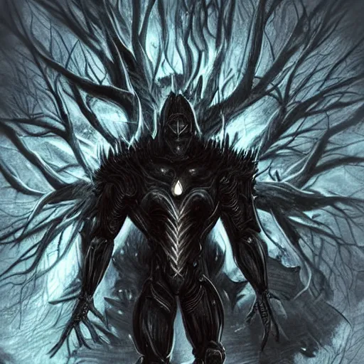Image similar to extremely detailed artwork of an armored dark figure in a dark evil forest, super sayan, glowing hands, Sauron, Ultron, speedster, fantasy art, fog, heavy armor, knights armor, cinematic pose, pose