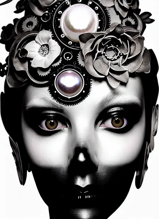 Image similar to black and white gothic masterpiece profile face portrait, one steampunk eye silver hexagonal meshes floral biomechanical beautiful young female cyborg - vampire, big monocular, volumetric light, hibiscus flowers, by hg giger, rim light, big gothic fashion pearl embroidered collar, 8 k