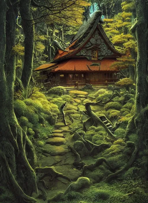 Image similar to hyper realistic witch cottage japanese shrine in the woods gorgeous lighting, highly detailed, lush forest painting by zdzisław beksinski and norman rockwell and greg rutkowskiweta studio, and lucasfilm
