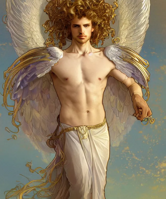 Prompt: fullbody symmetrical portrait of a beautiful young fit male angel with curly blond hairs, full dressed in long fluent clothes, majestic big dove wings, luminous halo, by greg rutkowski and alphonse mucha, gradient white to gold, in front of an iridescent background, highly detailed portrait, digital painting, artstation, concept art, smooth, sharp focus illustration