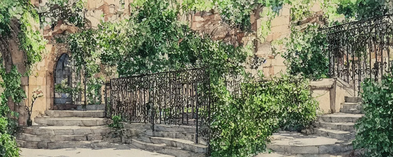 Image similar to isomeric view, sunny, stairway, chairs, wrought iron gate, tree, delicate, botanic garden, garden road, temple in a botanical herbarium paper, watercolor colored painting, iridescent colors, 8 k, realistic shaded, fine details, artstation, italian style, colonnade, huge flower