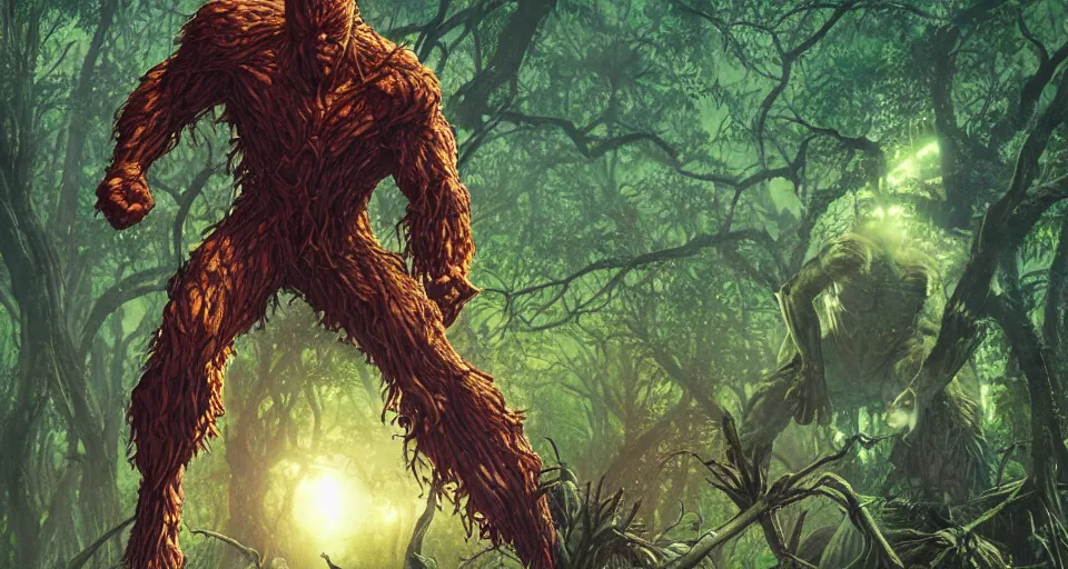 Image similar to Marvel Comics Man Thing Battles DC Comics Swamp Thing In A Misty Swamp, bats, sunset, volumetric lighting, hyperrealistic, beautiful details, HDR, octane render, action shot, wide angle, bokeh, Yasushi Niarasawa Moebius Jim Steranko Style