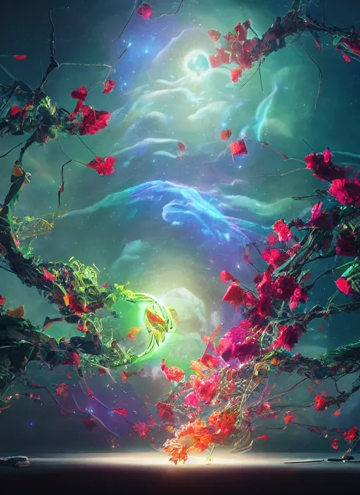 Image similar to An epic fantastic realism comic book style painting of the most beautiful entwined flowers launched across the dark galactic night sky, nebulous bouquets, fisheye lens, unreal 5, DAZ, hyperrealistic, octane render, dynamic lighting