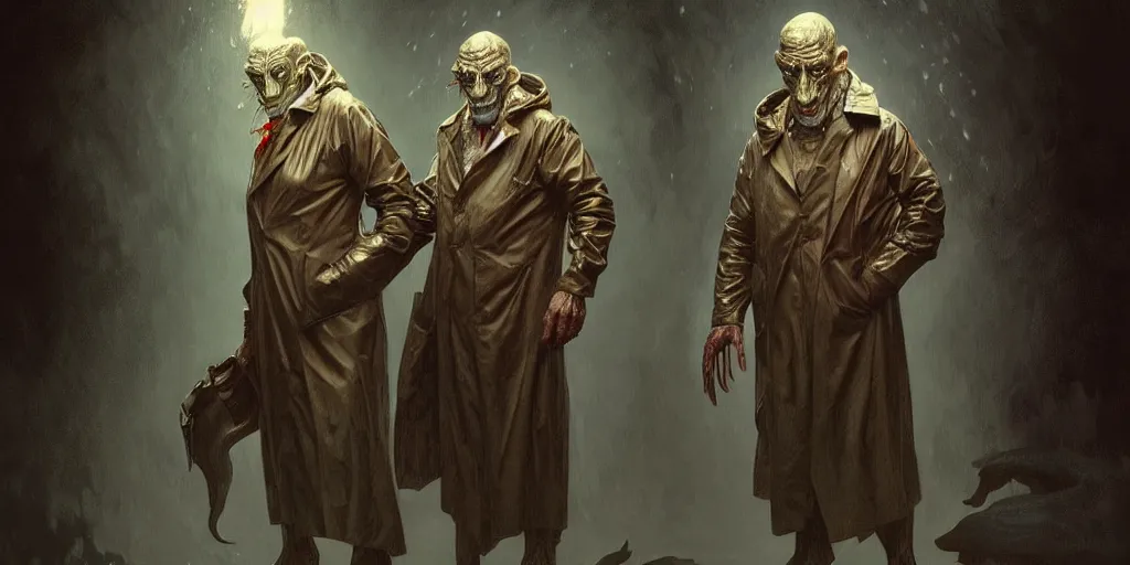 Image similar to ( ( ( ( lovecraftian innsmouth dweller ) ) ) ) dressed in raincoat, mutant fishman, old male, old sailor, masculine, upper body, highly detailed, digital painting, artstation, concept art, matte, sharp focus, illustration, art by artgerm and greg rutkowski and alphonse mucha