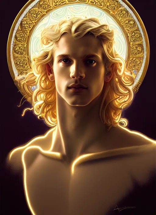 Image similar to portrait of smirking young god apollo, wavy blond hair, bright halo, glowing eyes, volumetric lights, platinum gold scheme, art nouveau botanicals, gothic, intricate, highly detailed, digital painting, artstation, concept art, smooth, sharp focus, symmetric face, illustration, steampunk, art by artgerm and greg rutkowski and alphonse mucha