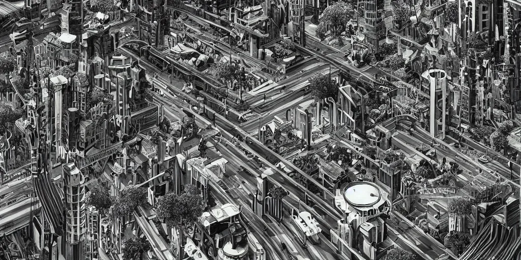 Image similar to cinematic high contrast graphic illustration of hyper detailed highway realistic afro futurist city blocks in a jungle by frank lloyd wright architect, helicopters, wide angle, insanely detailed and intricate