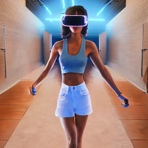 Image similar to young female wearing oculus quest 2, highly detailed digital painting hyperrealism ray tracing cinematic