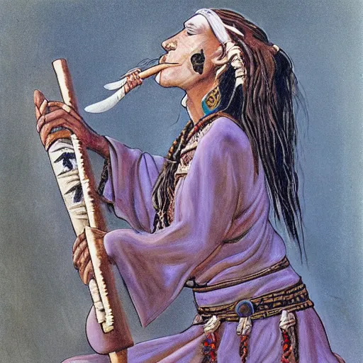 Image similar to a shaman playing a bone flute, a female air elemental coming out of the other end of a flute