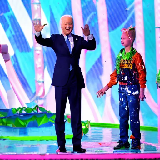 Image similar to joe biden getting slimed at the kids choice awards, dynamic, cinematic photo