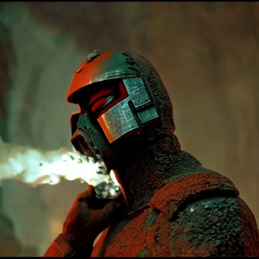 Prompt: cinematic, 4 k, full body portrait, rock golem as a soldier smoking a cigarette, still from the movie judge dredd