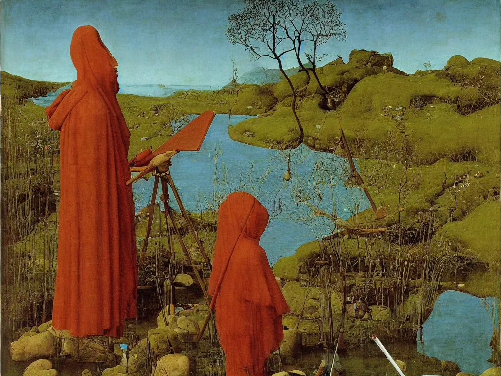 Image similar to Portrait of a painter painting on his easel knee deep in a river. Humanoid rocks, coral-like pebbles, orchard in bloom. Painting by Jan van Eyck, Roger Dean, Beksinski, Piero della Francesca