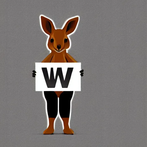 Image similar to a kangaroo holding a sign made out of steel with the word the letters'w ','e ','l ','c ','o ','m ','e'carved on it, digital art