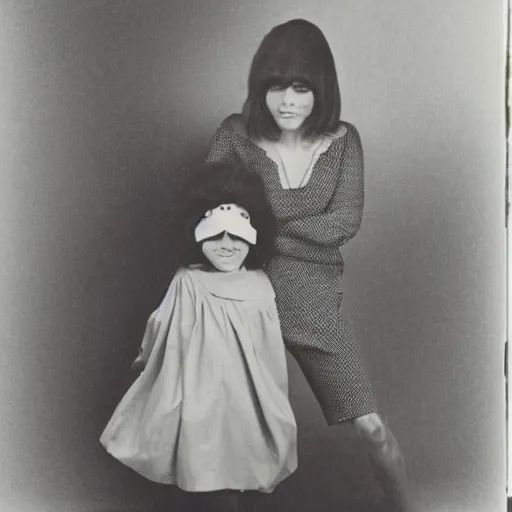 Prompt: a vintage 1 9 7 0 s photograph of a mother and her son posing in fancy dress. this is a professional photograph taken in a photographer's studio.