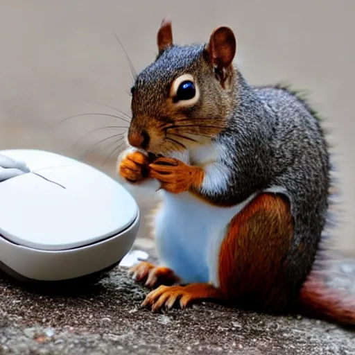 Prompt: squirrel holding a computer mouse