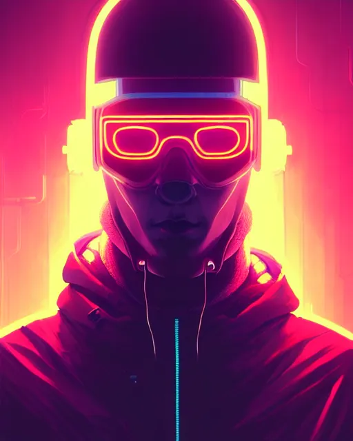 Image similar to cyberpunk synth, hyper - realistic portrait of a man in a hoodie with detailed neon mask, cyberpunk, by atey ghailan, by greg rutkowski, by greg tocchini, by james gilleard, by joe fenton, by kaethe butcher, dynamic lighting, gradient light blue, brown, cinematic lighting color scheme, sharp focus, grunge aesthetic