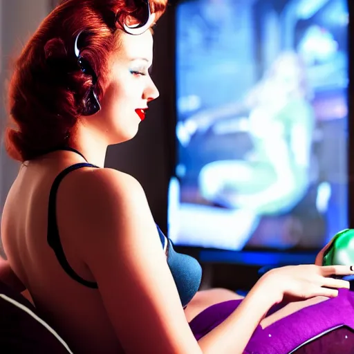 Image similar to a pin up woman playing a videogame, front view, dark lighting, couch, control, photo