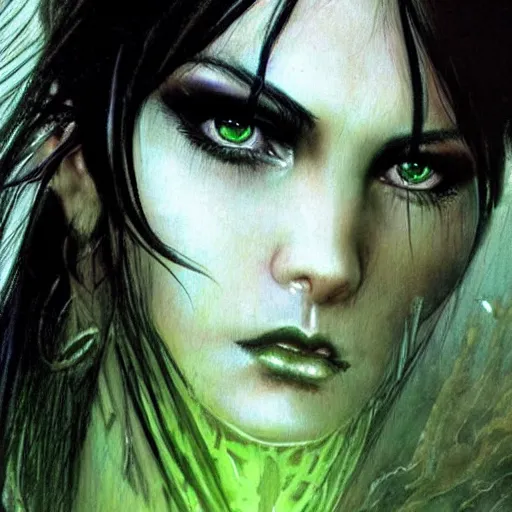 Prompt: female warrior, black hair, gorgeous green eyes, cinematic, by luis royo