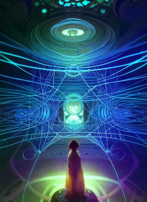 Image similar to high depth, inside fractals!! calm, healing, resting, life, hybrids, scifi, glowing lights!!, published concept art, mixed medias, image overlays, sharp focus, thin glowing wires, winning illustration, art by greg rutkowski and alphonse mucha, singularity!!!, 3 6 0 projection