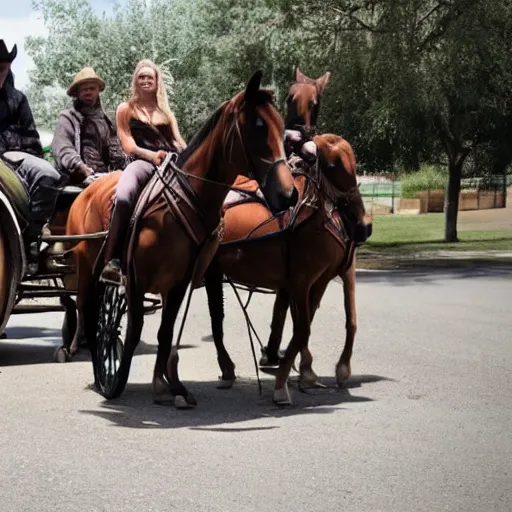 Image similar to Western, people on horses with wheels instead of legs