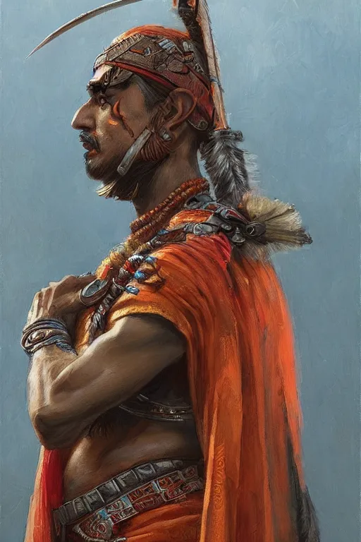 Prompt: Indian warrior, closeup character portrait art by Donato Giancola, Craig Mullins, digital art, trending on artstation