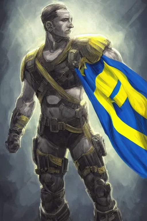 Prompt: a photo of a super soldier with a Ukrainian blue and yellow stripes flag standing in the beam of light from the clouds on a pile of skulls as a winner, masculine figure, D&D, fantasy, intricate, elegant, highly detailed, digital painting, artstation, concept art, matte, sharp focus, symmetrical, illustration, art by Artgerm and Greg Rutkowski and Alphonse Mucha