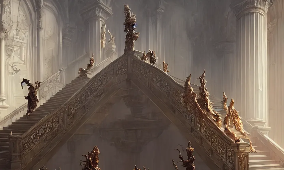 Prompt: a straight staircase full of ornate statues leading to heaven, art by greg rutkowski and peter mohrbacher, featured in artstation, octane render, cinematic, elegant, intricate, highly detailed, fantasy, concept art, sharp focus, illustration, 8 k