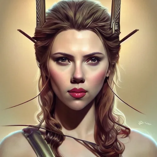 Image similar to Scarlett Johansson as a archer, cute, fantasy, intricate, elegant, highly detailed, centered, digital painting, artstation, concept art, smooth, sharp focus, illustration, art by artgerm and H R Giger and alphonse mucha