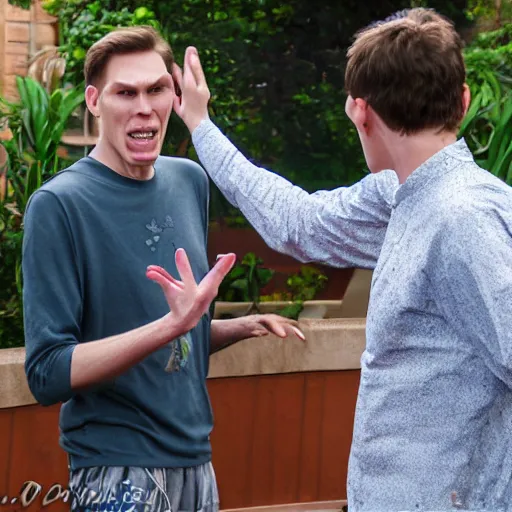 Image similar to jerma 9 5 3 2 1 pointing at jerma 4 5 8 7 saying onion ring, meme, realistic, hdr, clear image,