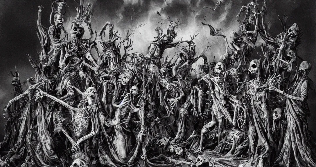 Image similar to photo of undead skeletons performing a sacred blasphemous mind-bending ritual, style of Wayne Barlowe, lavish rococo baroque setting, fashion-photography, unholy ceremony, sacrilegious rite, evil, menacing, ominous, threatening, sinister, malevolent. Highly-detailed, photographic, cinematic, dramatic, establishing shot