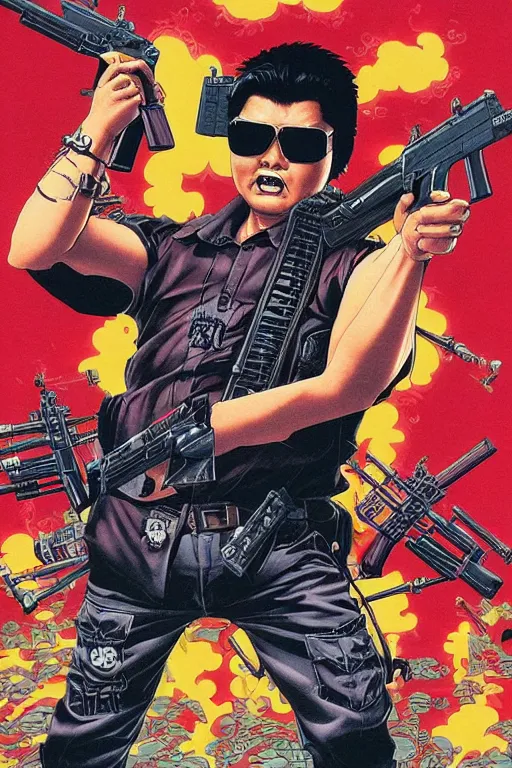 Image similar to poster of chow yun - fat wearing shades and shooting guns, by yoichi hatakenaka, masamune shirow, josan gonzales and dan mumford, ayami kojima, takato yamamoto, barclay shaw, karol bak, yukito kishiro