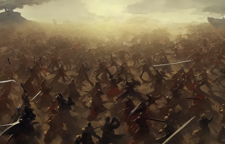 Prompt: greg manchess concept art of a samurai battle, crowd of soldiers, cinematic, key visual, ambient lighting, highly detailed, digital painting, artstation, concept art, sharp focus, by makoto shinkai and akihiko yoshida and hidari and wlop and greg rutkowski