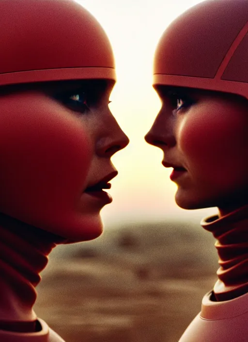 Image similar to cinestill 5 0 d photographic portrait by steve mccurry of two loving female androids wearing rugged black techwear on a desolate plain with a red sky in front of a brutalist structure, extreme closeup, cyberpunk style, dust storm, 8 k, hd, high resolution, 3 5 mm, f / 3 2, ultra realistic faces, ex machina