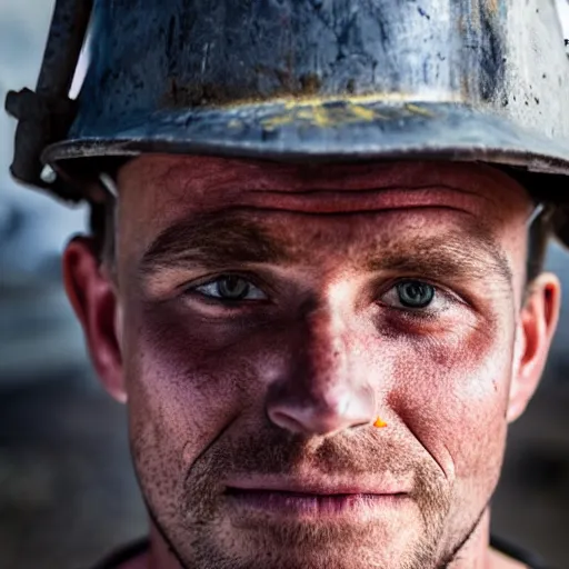 Prompt: close up face male portrait of a coal miner who just finished is last shift.