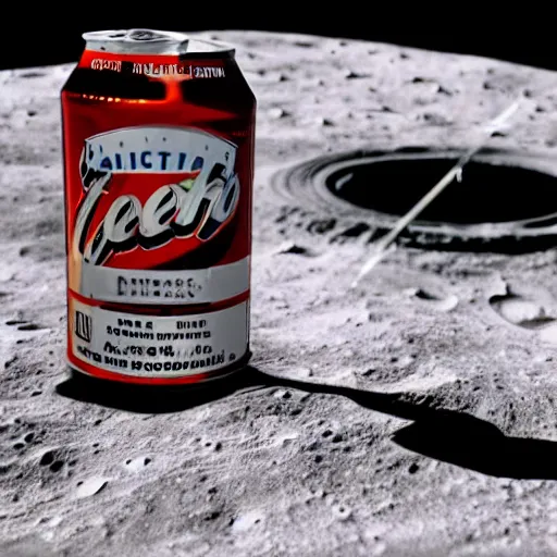 Image similar to a photo of a detailed, realistic, idle, regular sized electric guitar next to a beer can on the moon. detailed photo. realistic photo