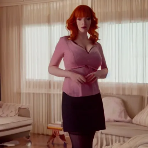 Image similar to a very surprised looking beautiful Christina Hendricks in a miniskirt in the living room, film still from the movie directed by Denis Villeneuve , wide lens