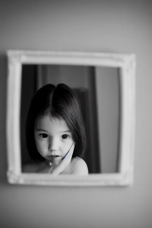 Image similar to little girl looking in a mirror, bokeh, 3 5 mm, beautiful