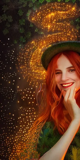 Prompt: a totally amazed smiling pretty woman surrounded by golden firefly lights in a mesmerizing scene, sitting amidst nature fully covered! intricate detailed bohemian outfit, long loose red hair, precise linework, accurate green eyes, small nose with freckles, beautiful smooth oval head, expressive emotions, hyper realistic ultrafine portrait by artemisia gentileschi, jessica rossier, greg rutkowski