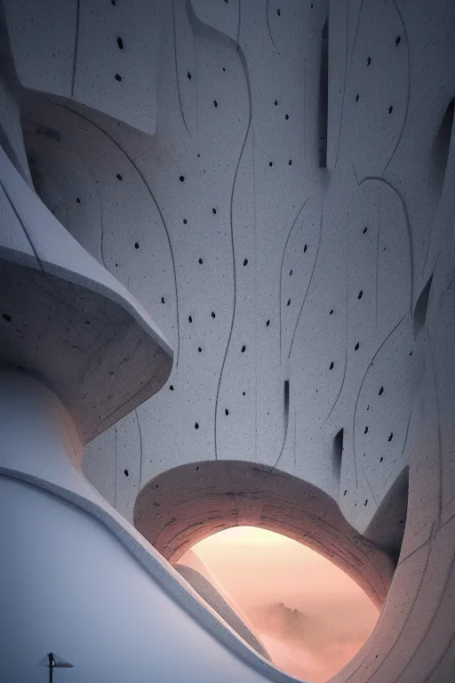 Image similar to sci - fi concrete brutalist architecture in the italian dolomites, snowfall, rutkowski, zaha hadid, beksinski, oil painting, photoreal, highly detailed, 8 k, hd, vray, artstation, cinematic matte painting, extreme detail photo quality, sunset, featured on behance