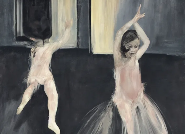 Prompt: young ballerina training in a big dark room, painted in style of marlene dumas, pat steir, oil painting, dripping paint, psychologic, melancholic, symmetrical face, hyper detailed, in style of francis bacon, gustave courbet