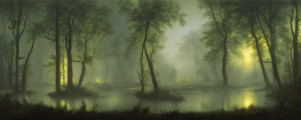 Prompt: a forest at midnight lit by bioluminescent blue water lotuses, misty ethereal, matte painting by Durand, Asher Brown
