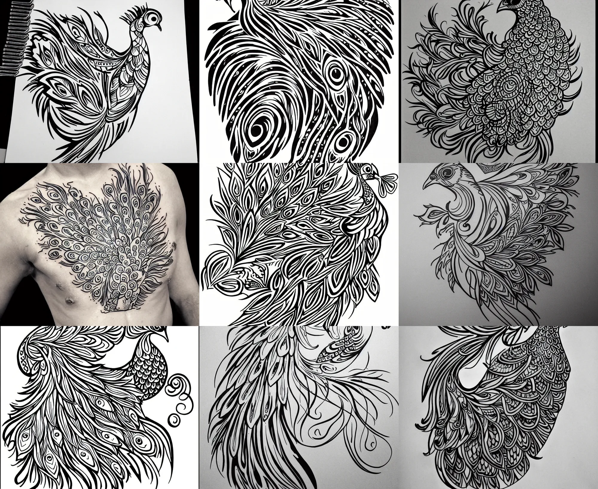 Prompt: tattoo stencil stylized peacock, bold strong lines very highly aesthetic