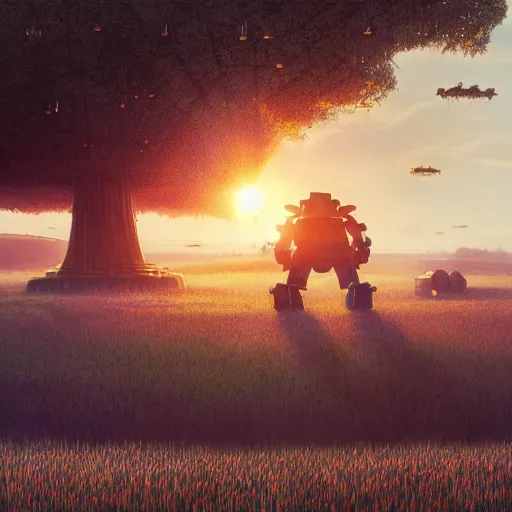 Image similar to giant mech stands over hay field by simon stalenhag, atmospheric haze, children below look up, misty evening, sci fi digital painting, unreal engine 5, photorealism, hd quality, 8 k resolution, cinema 4 d, 3 d, cinematic, professional photography, art by artgerm and greg rutkowski and alphonse mucha and loish and wlop