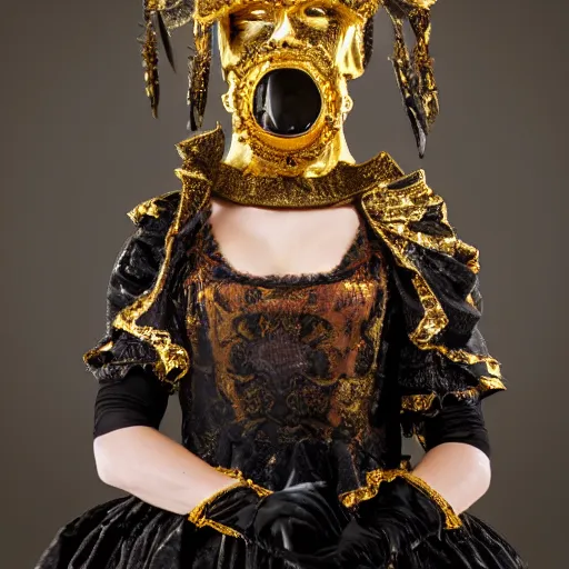 Prompt: full standing figure baroque cultist wearing large occult headpiece, skirt, venice carnival, full face gold Volto mask, mid shot, hyperrealistic