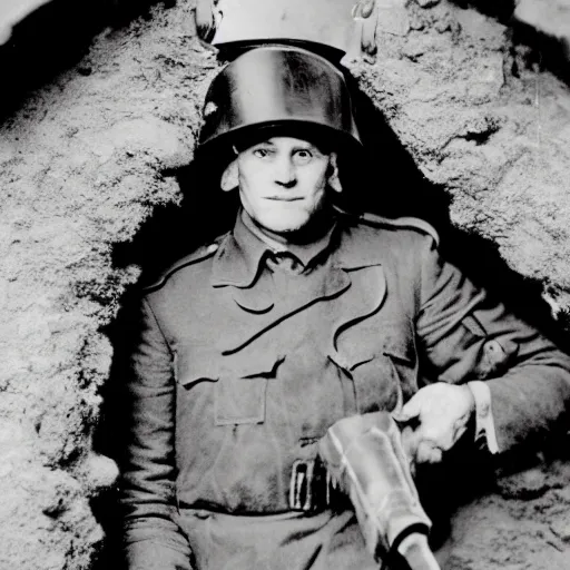 Image similar to anthropomorphic fox man dressed as a soldier in a trench, 1920s film scene