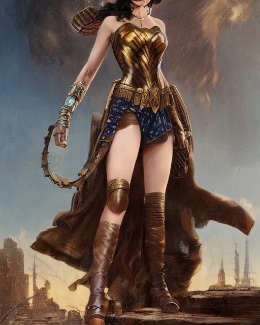 Image similar to highly detailed steampunk gal gadot standing : leonardo da vinci, greg rutkowski, magali villeneuve