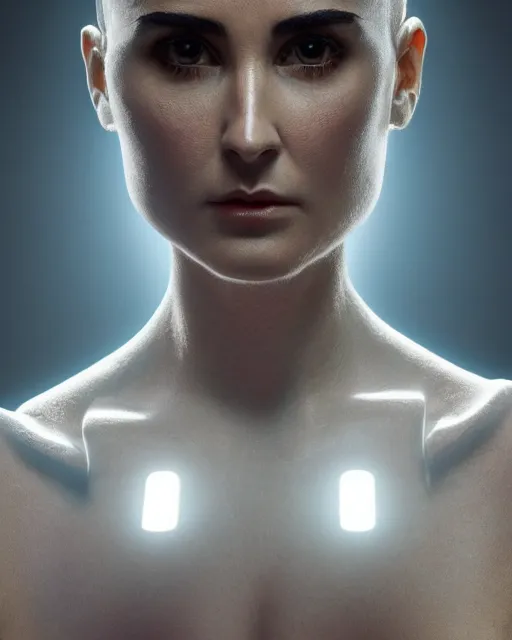 Prompt: centered portrait of soulful young demi moore as a solarpunk mecha humanoid robotic parts with bright led lights, real human face, pudica gesture bouguereau style, in white room, ultra - realistic and intricate, soft portrait shot 8 k