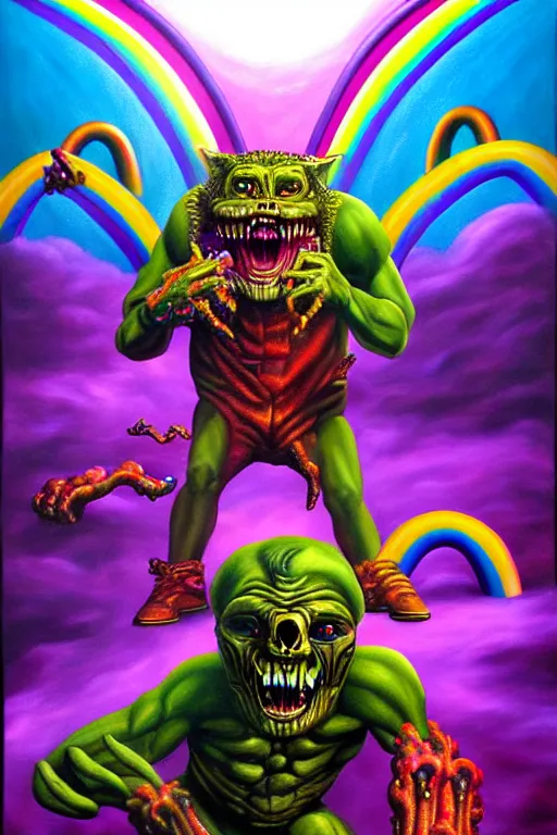 Prompt: a hyperrealistic painting of a boss fight against evil rainbow bright, cinematic horror by chris cunningham, lisa frank, richard corben, highly detailed, vivid color,